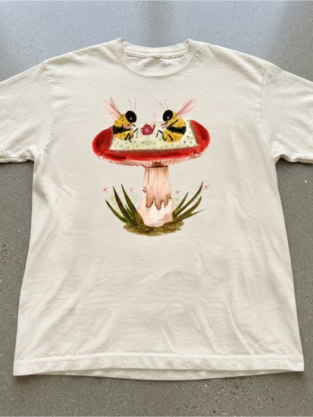 Bumble Bee Tea Party Mushroom Illustration Gildan Unisex Cotton Tee